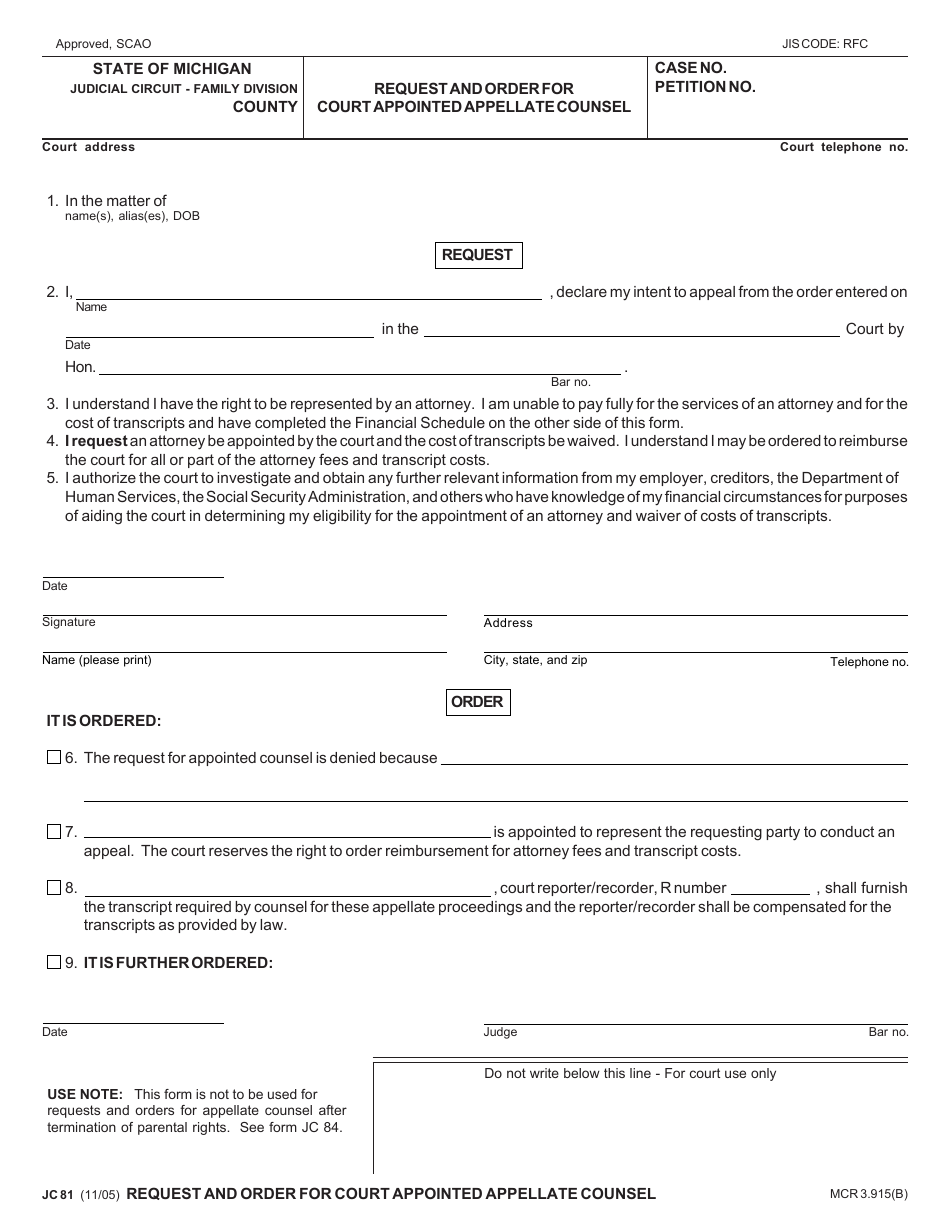 Form JC81 Request and Order for Court Appointed Appellate Counsel - Michigan, Page 1