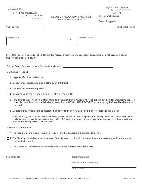 Form CC71 Record Production Checklist for Court of Appeals - Michigan