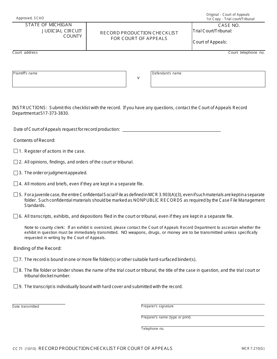 Form CC71 Record Production Checklist for Court of Appeals - Michigan, Page 1