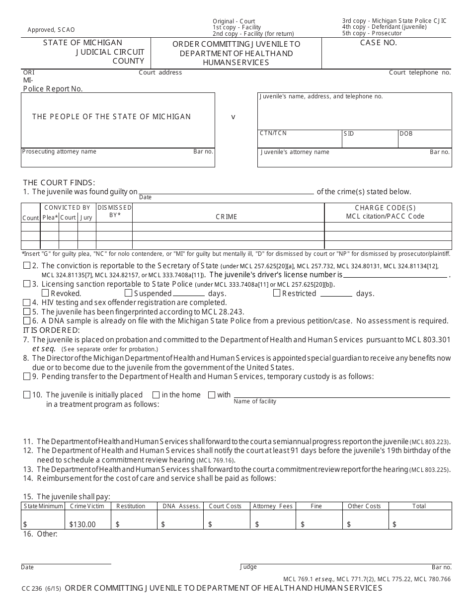 Form CC236 Order Committing Juvenile to Department of Health and Human Services - Michigan, Page 1