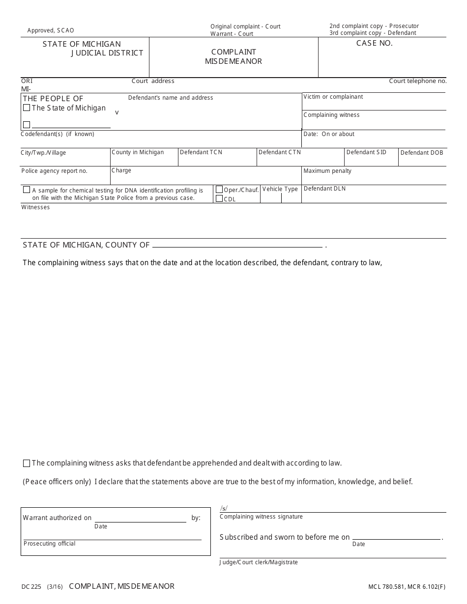 Form DC225 Complaint - Misdemeanor - Michigan, Page 1