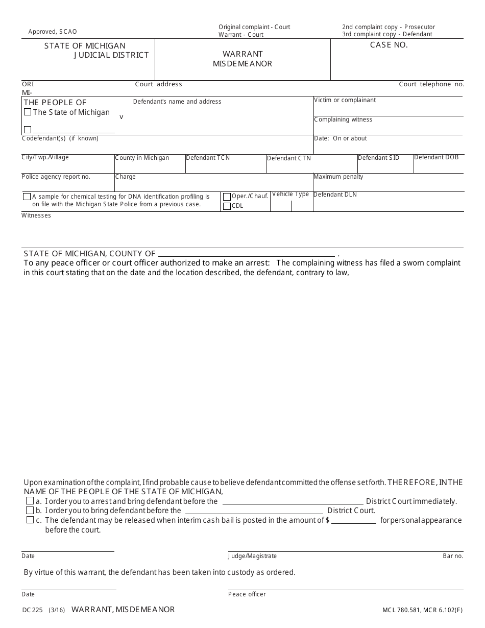 Form DC225 Complaint - Misdemeanor - Michigan, Page 2