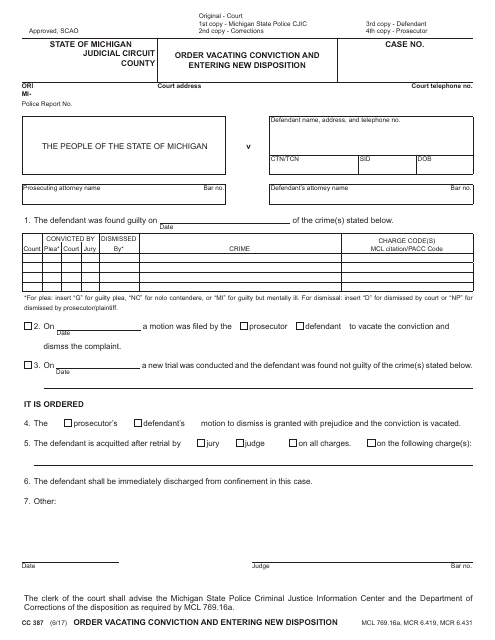 Form CC387 Order Vacating Conviction and Entering New Disposition - Michigan