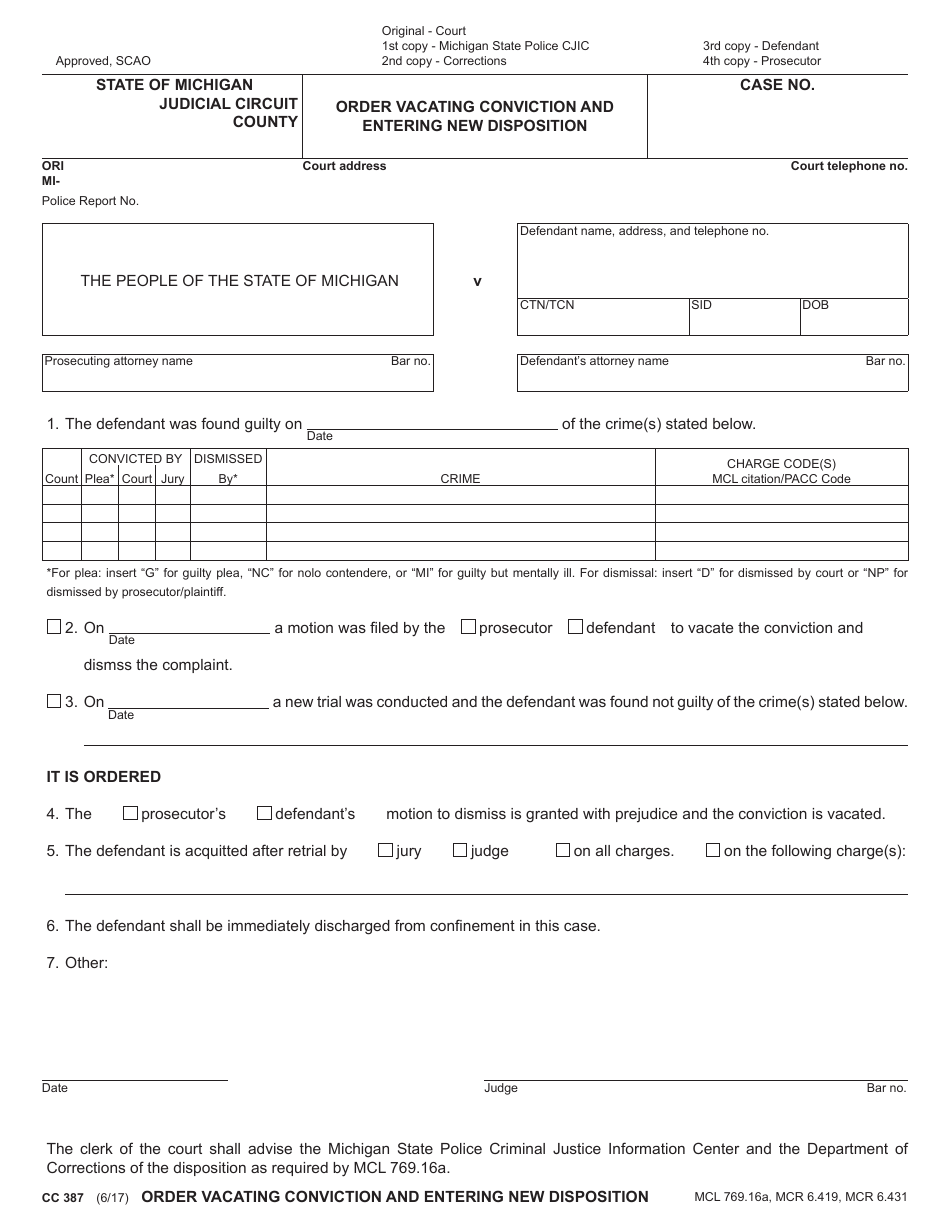 Form CC387 Order Vacating Conviction and Entering New Disposition - Michigan, Page 1