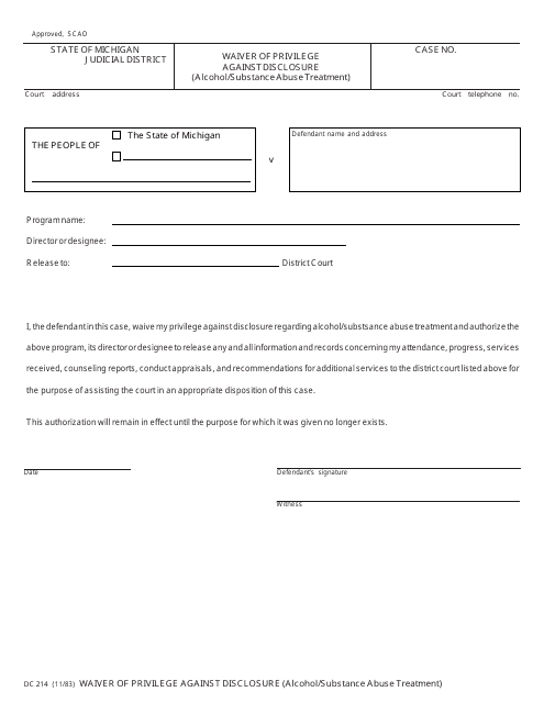 Form DC214 Waiver of Privilege Against Disclosure (Alcohol/Substance Abuse Treatment) - Michigan