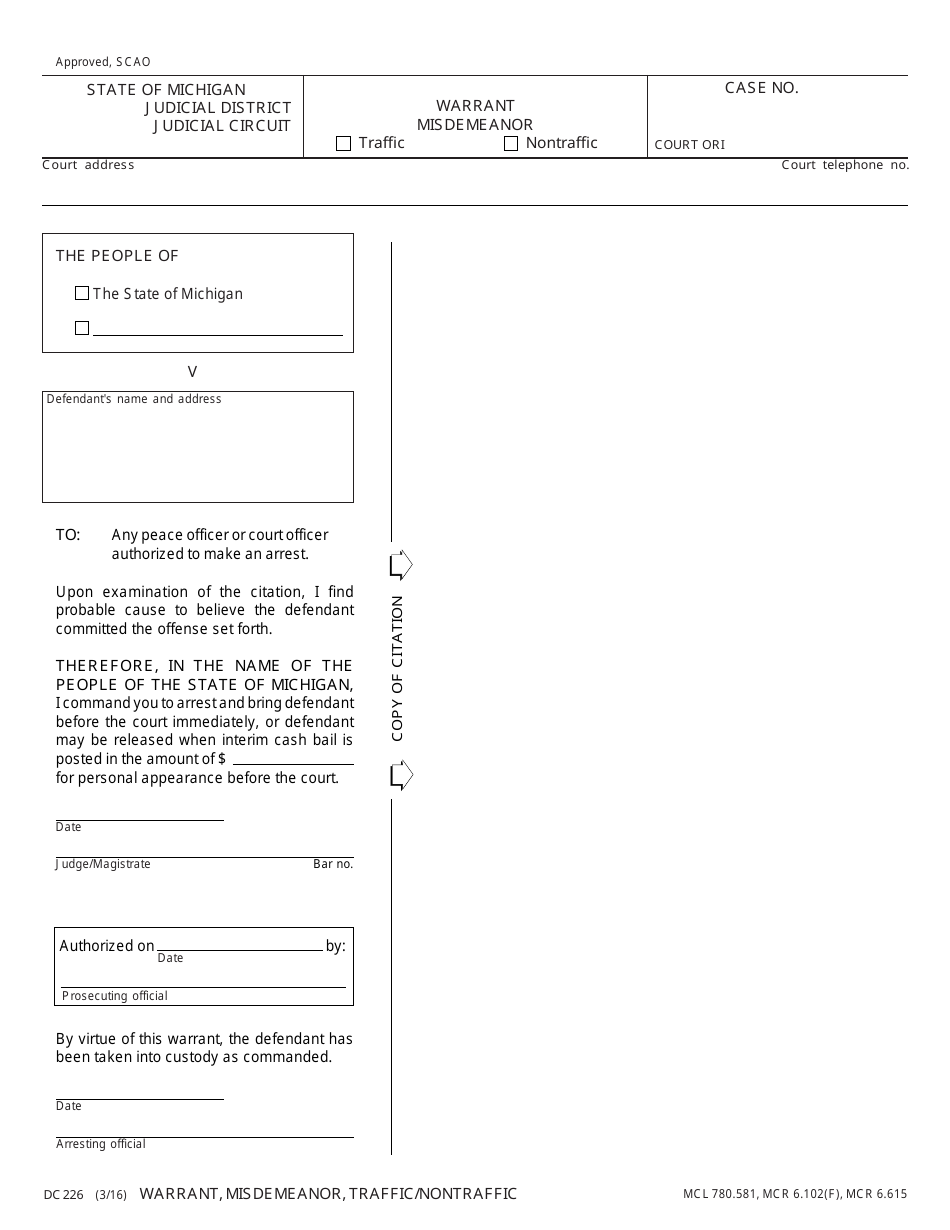 Form DC226 Warrant, Misdemeanor - Traffic / Nontraffic - Michigan, Page 1