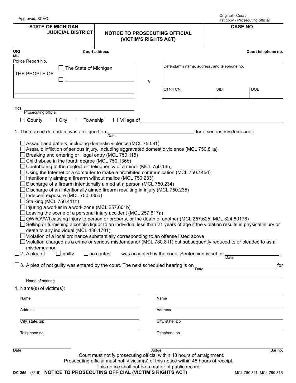 Form DC255 Notice to Prosecuting Official (Victims Rights Act) - Michigan, Page 1