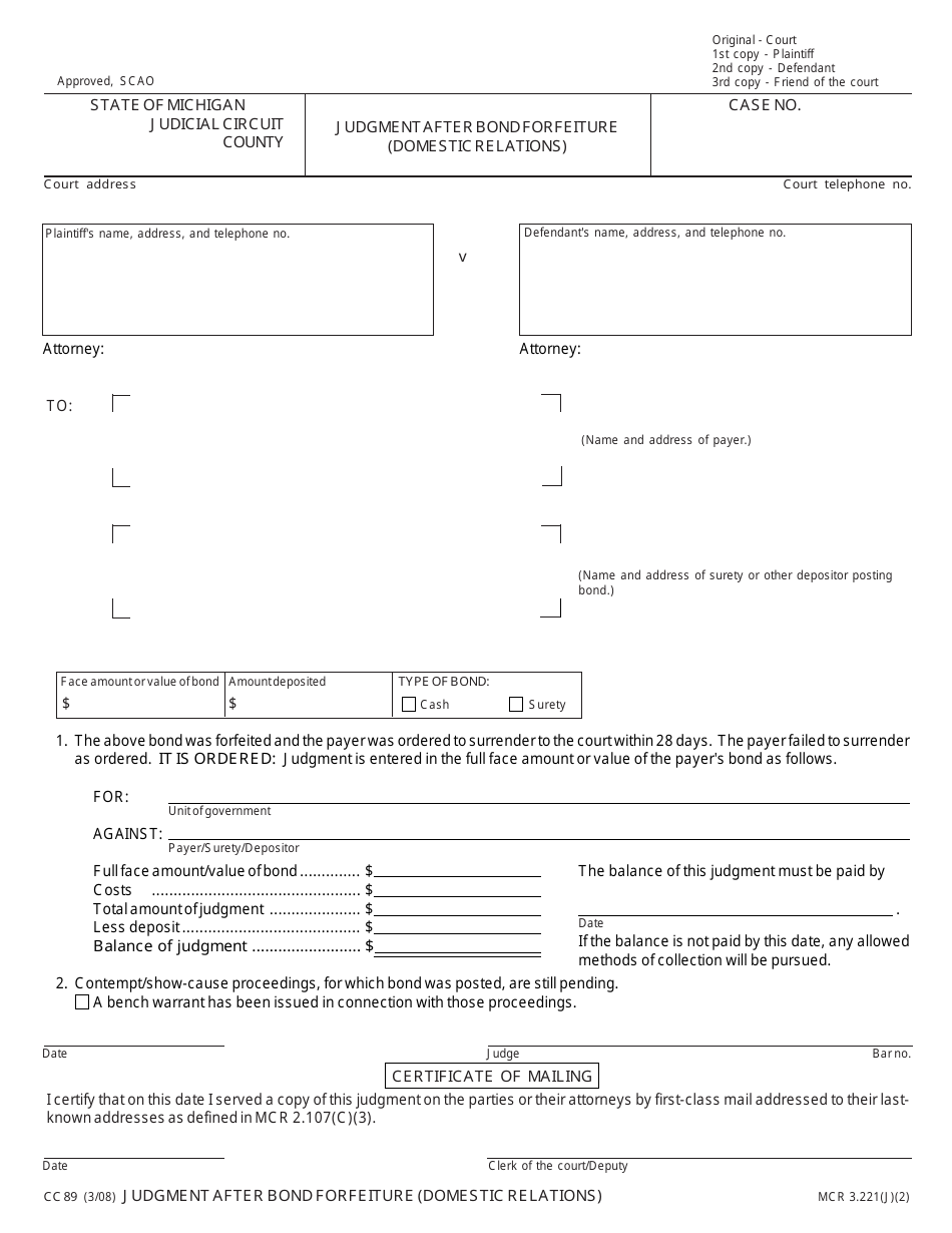 Form CC89 Judgment After Bond Forfeiture (Domestic Relations) - Michigan, Page 1