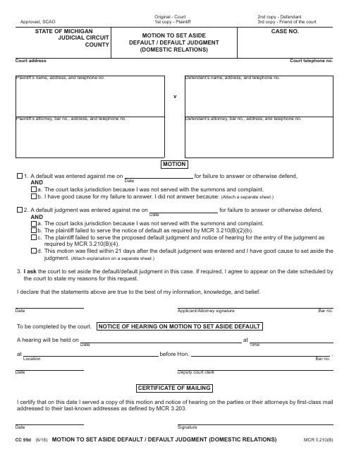 Form CC99D Motion to Set Aside Default / Default Judgment (Domestic Relations) - Michigan
