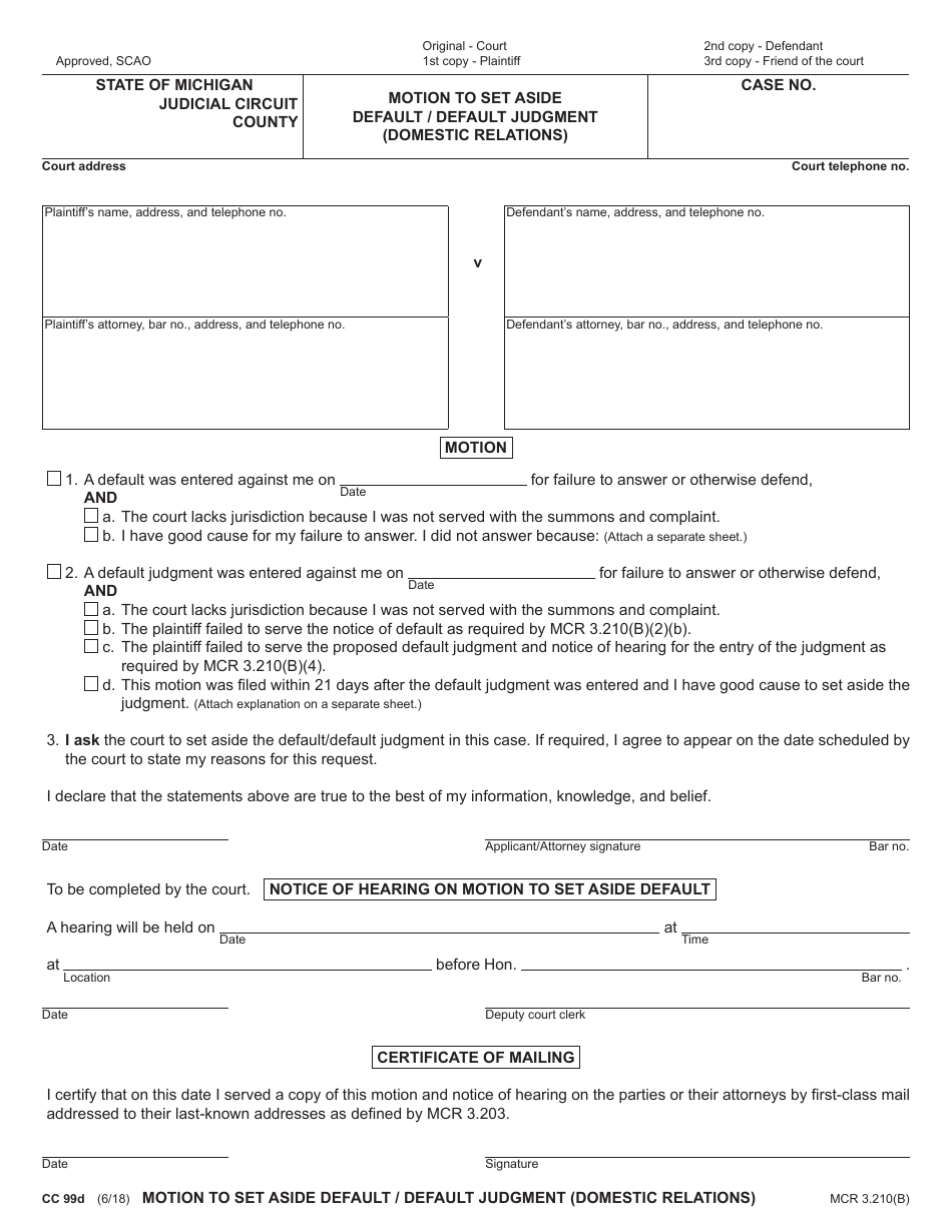 Form CC99D Motion to Set Aside Default / Default Judgment (Domestic Relations) - Michigan, Page 1