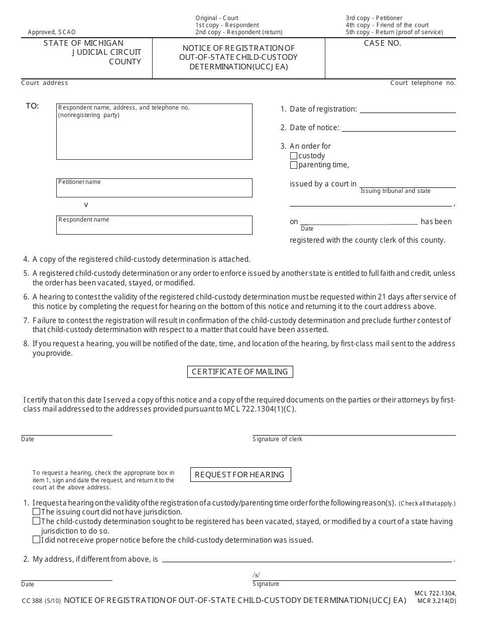 Form CC388 Notice of Registration of Out-of-State Child-Custody Determination (Uccjea) - Michigan, Page 1