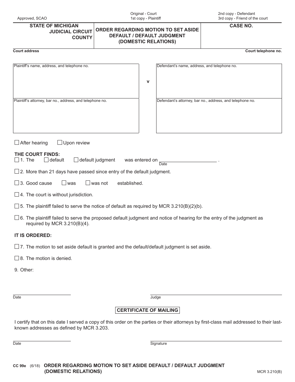 Form CC99E Order Regarding Motion to Set Aside Default / Default Judgment (Domestic Relations) - Michigan, Page 1