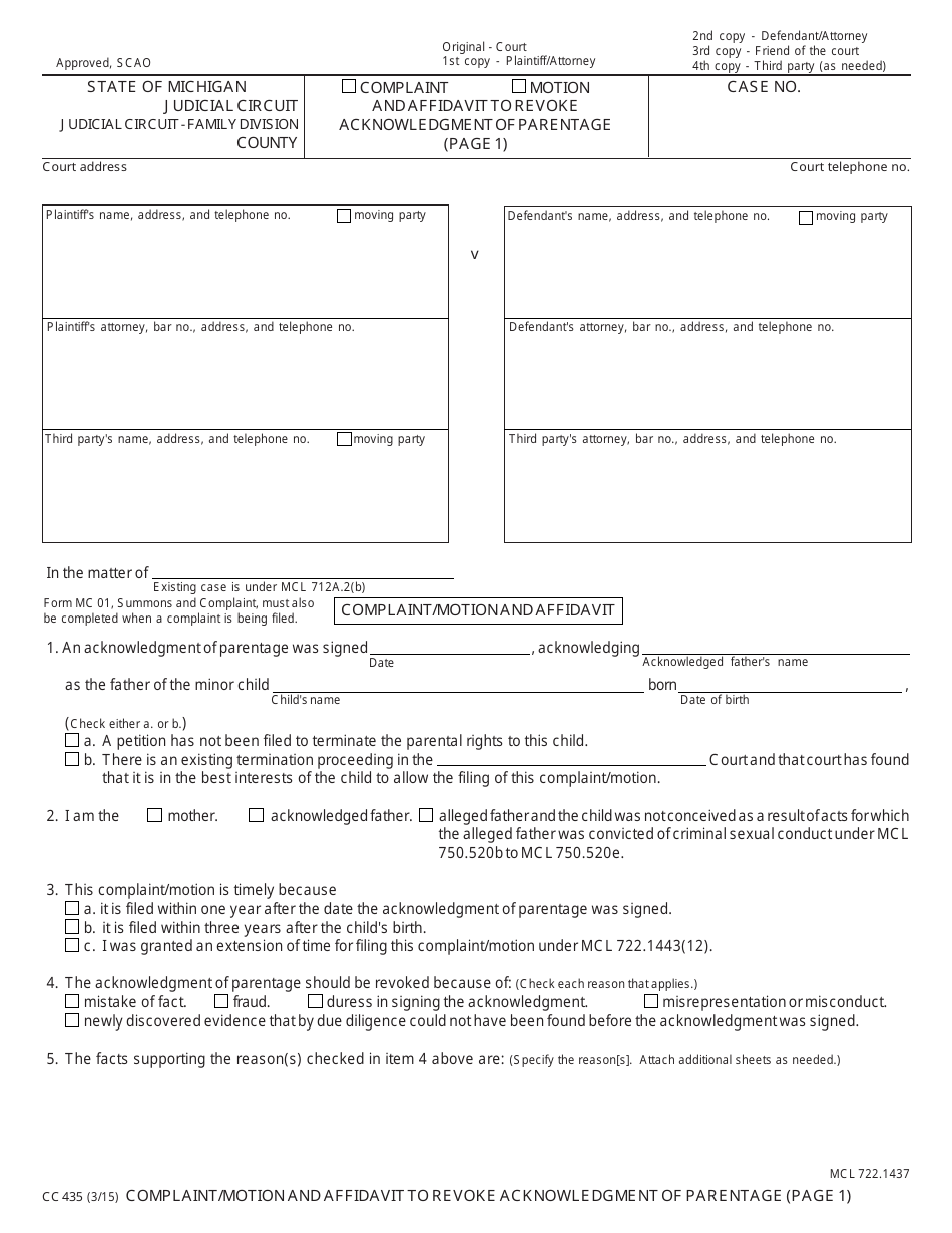Form CC435 Complaint / Motion and Affidavit to Revoke Acknowledgment of Parentage - Michigan, Page 1