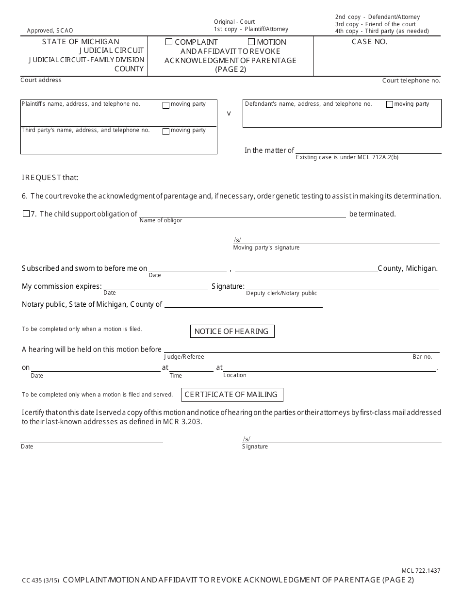 Form CC435 - Fill Out, Sign Online and Download Fillable PDF, Michigan ...