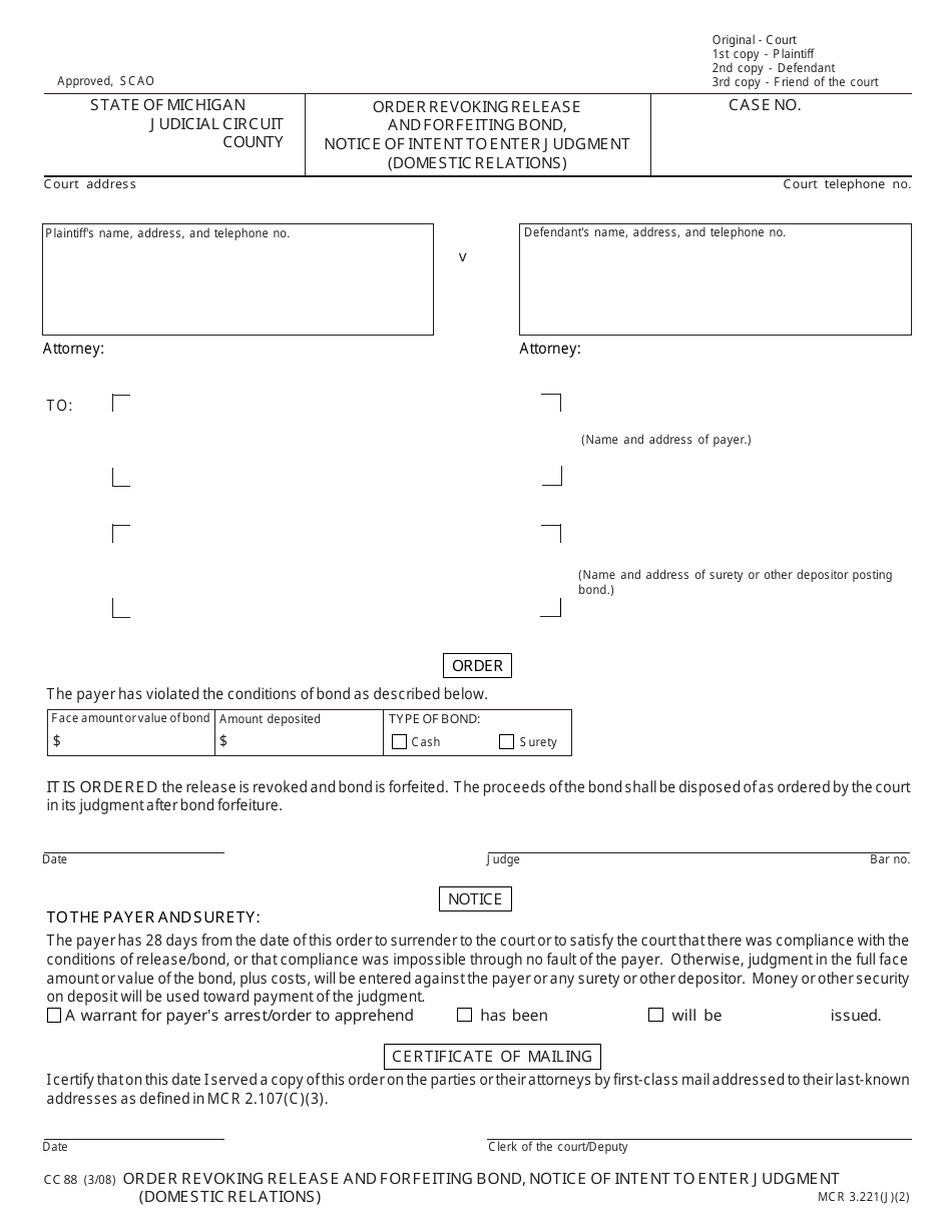 Form CC88 Order Revoking Release and Forfeiting Bond, Notice of Intent to Enter Judgment (Domestic Relations) - Michigan, Page 1