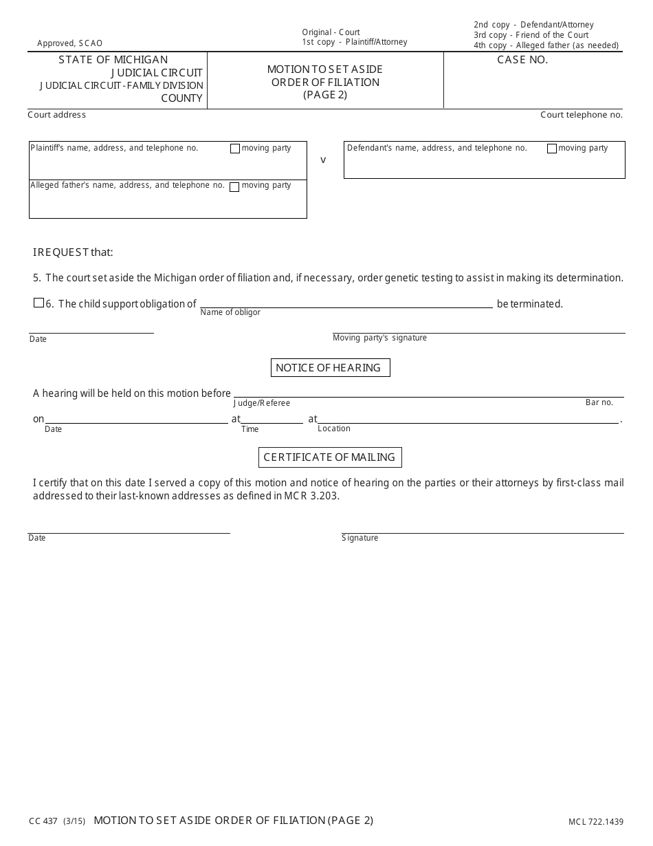 Form CC437 Motion to Set Aside Order of Filiation - Michigan, Page 2