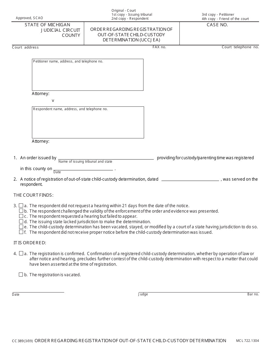 Form CC389 Order Regarding Registration of Out-of-State Child-Custody Determination (Uccjea) - Michigan, Page 1