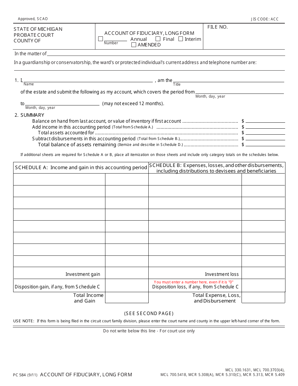 Form PC584 Account of Fiduciary - Long Form - Michigan, Page 1