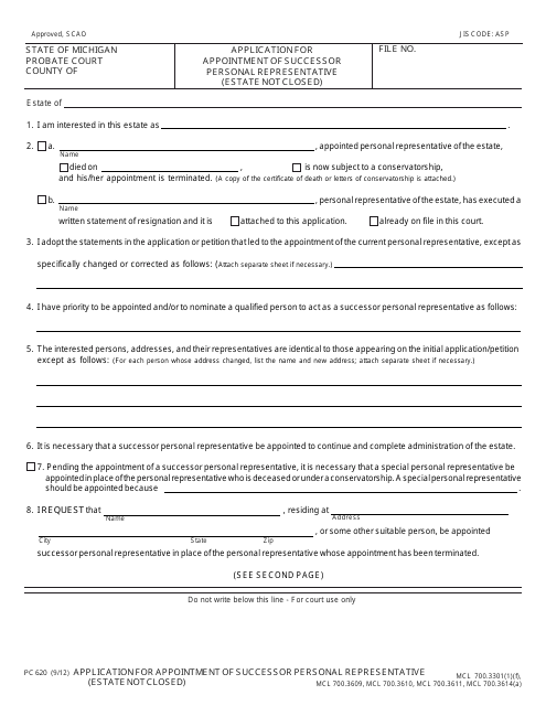 Form PC620 Application for Appointment of Successor Personal Representative (Estate Not Closed) - Michigan