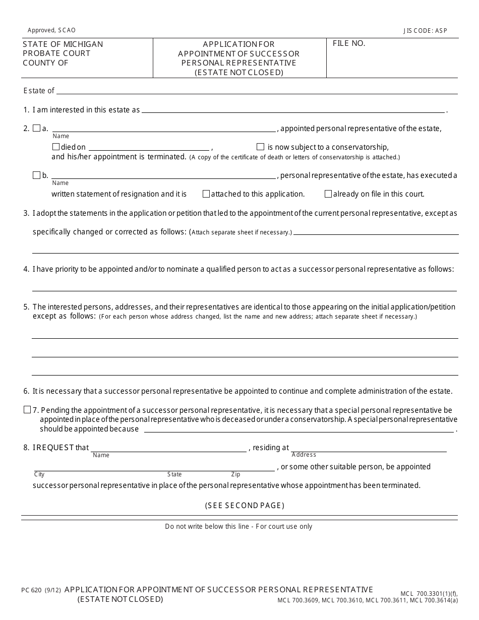 Form PC620 Application for Appointment of Successor Personal Representative (Estate Not Closed) - Michigan, Page 1