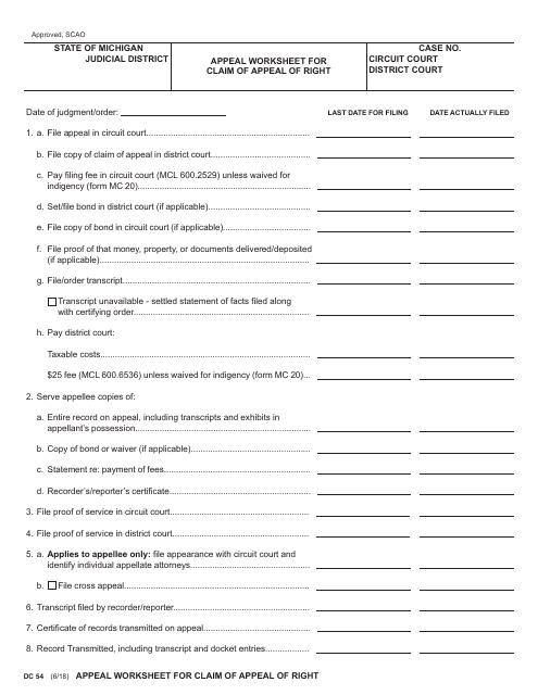 Form DC54 Appeal Worksheet for Claim of Appeal of Right - Michigan