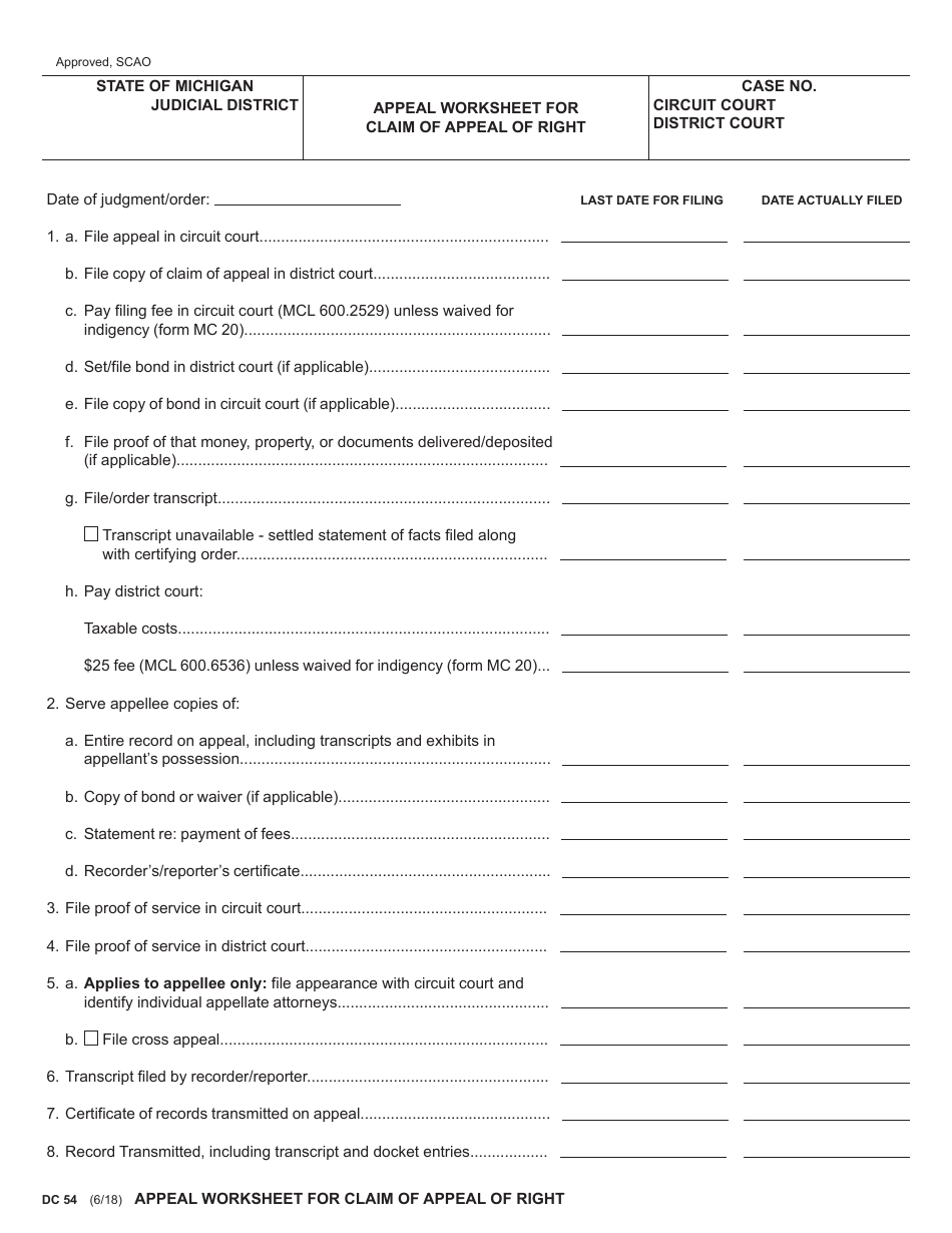 Form DC54 Appeal Worksheet for Claim of Appeal of Right - Michigan, Page 1