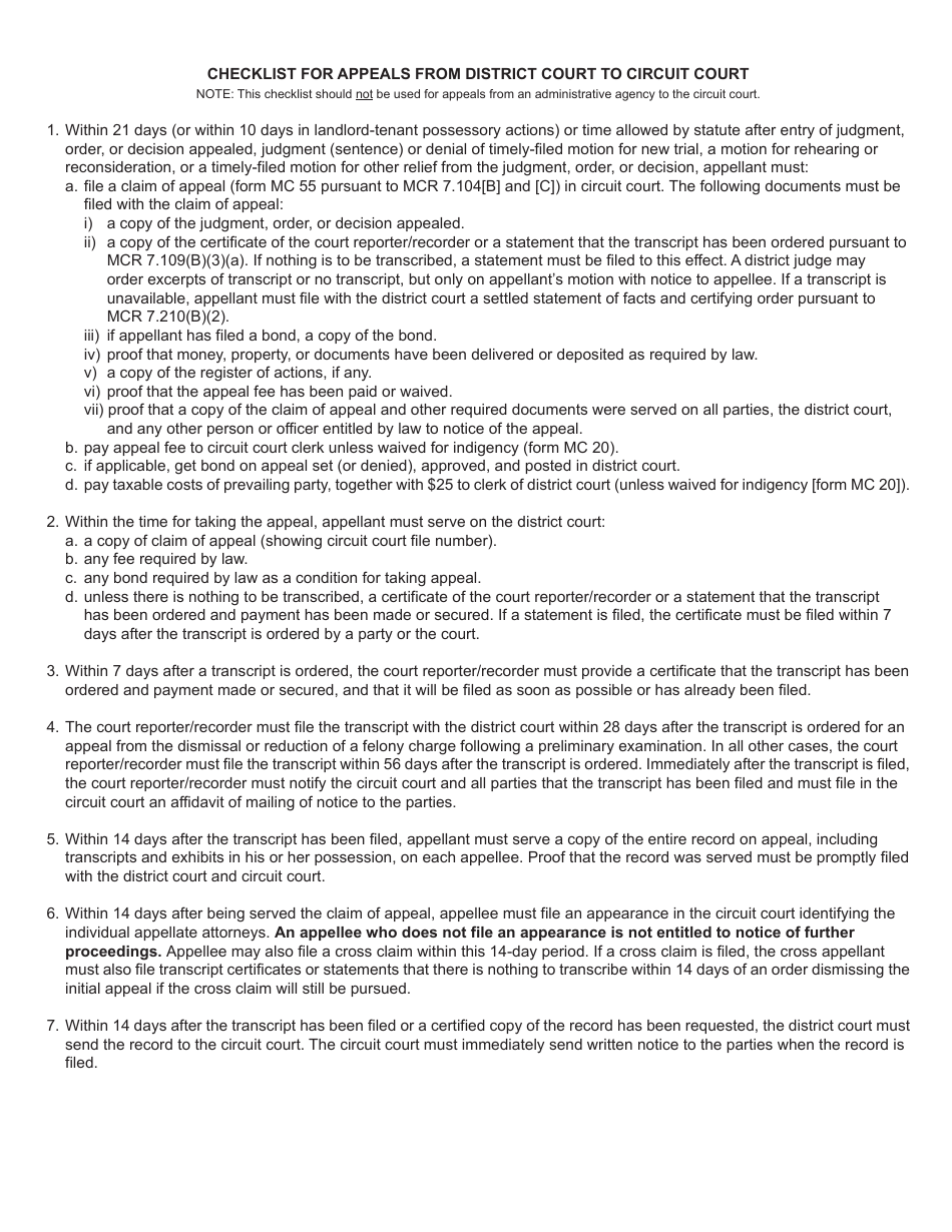 Form DC54 Appeal Worksheet for Claim of Appeal of Right - Michigan, Page 2