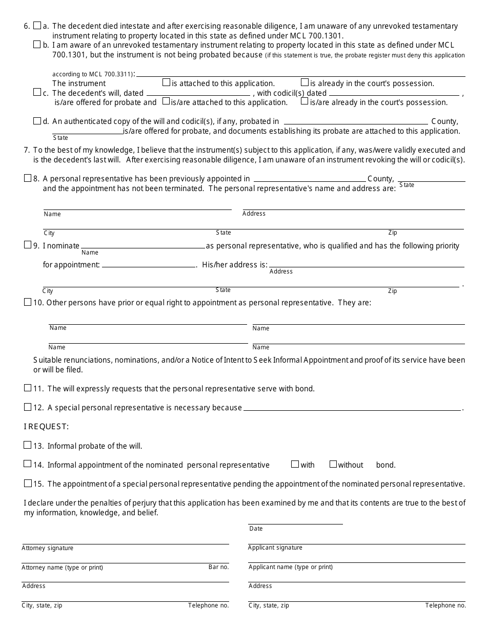 Form PC558 Application for Informal Probate and / or Appointment of Personal Representative (Testate / Intestate) - Michigan, Page 2