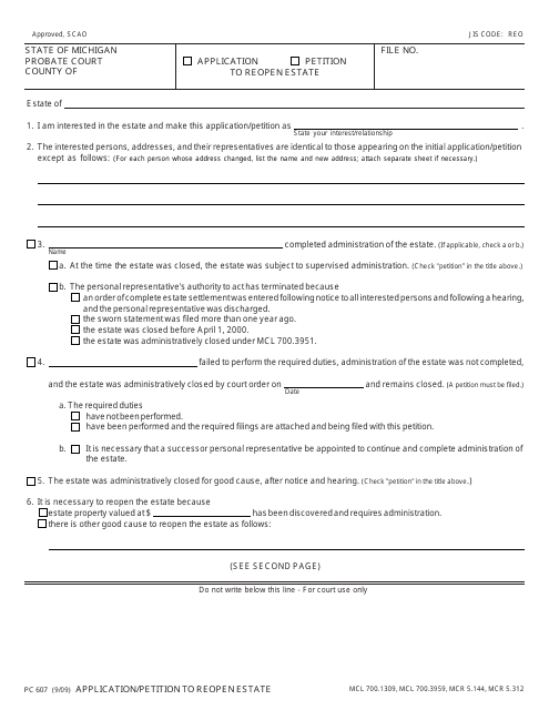 Form PC607 Application/Petition to Reopen Estate Form - Michigan
