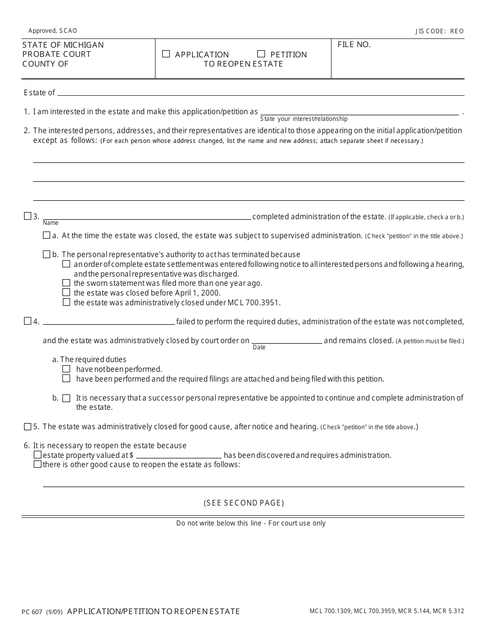 Form PC607 Application / Petition to Reopen Estate Form - Michigan, Page 1