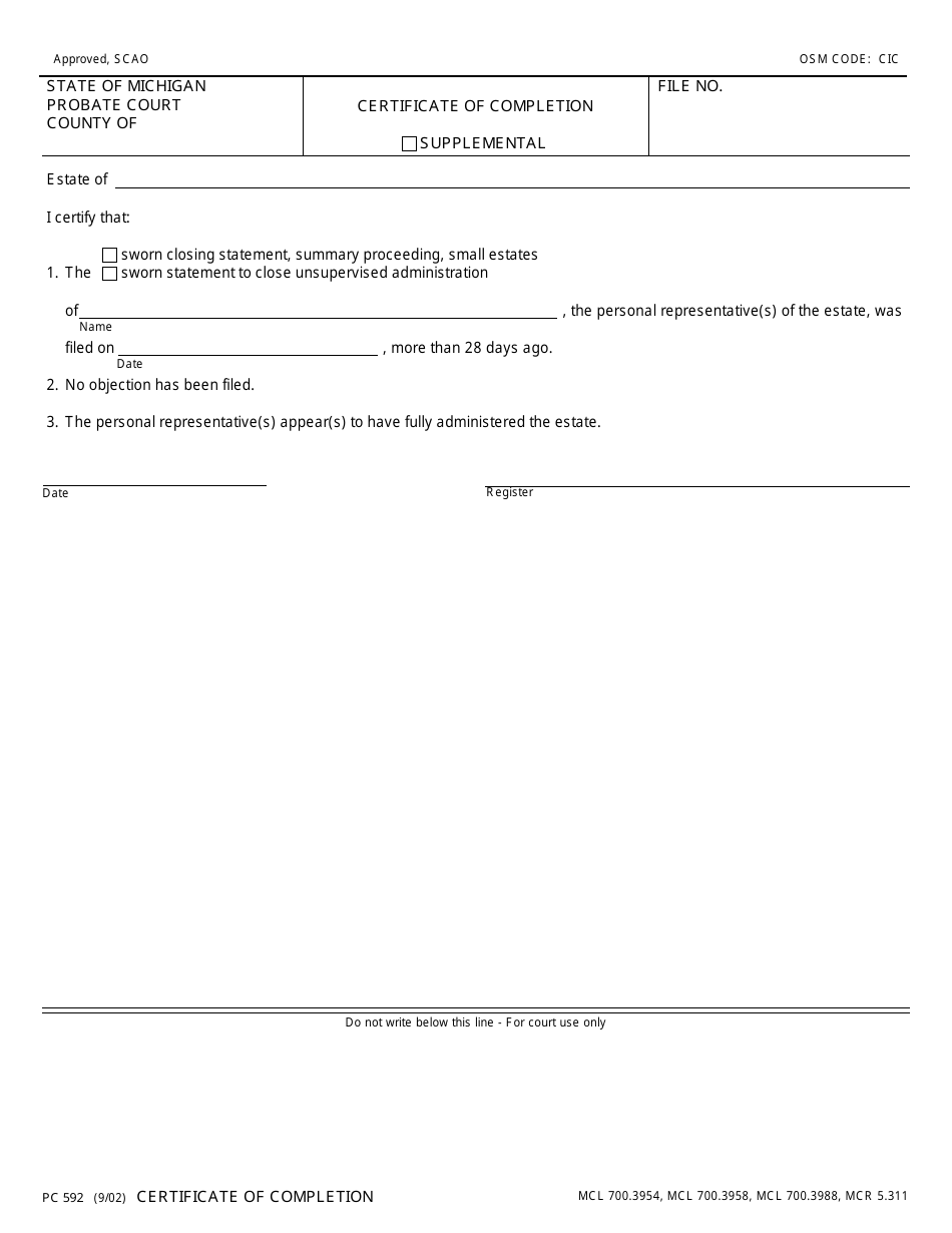 Form PC592 Certificate of Completion - Michigan, Page 1