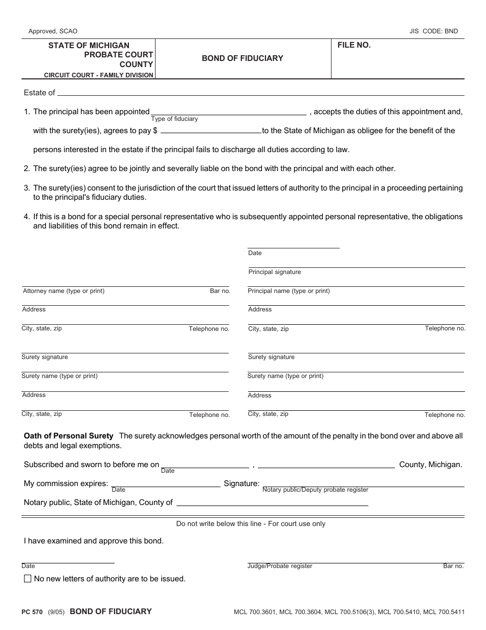 Form PC570 Bond of Fiduciary - Michigan, Page 1