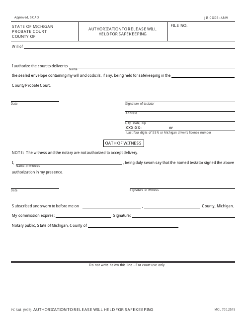 Form Pc548 Download Fillable Pdf Or Fill Online Authorization To Release Will Held For Safekeeping Michigan Templateroller