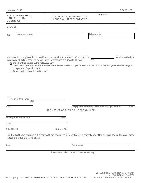 Form PC572 Letters of Authority for Personal Representative - Michigan