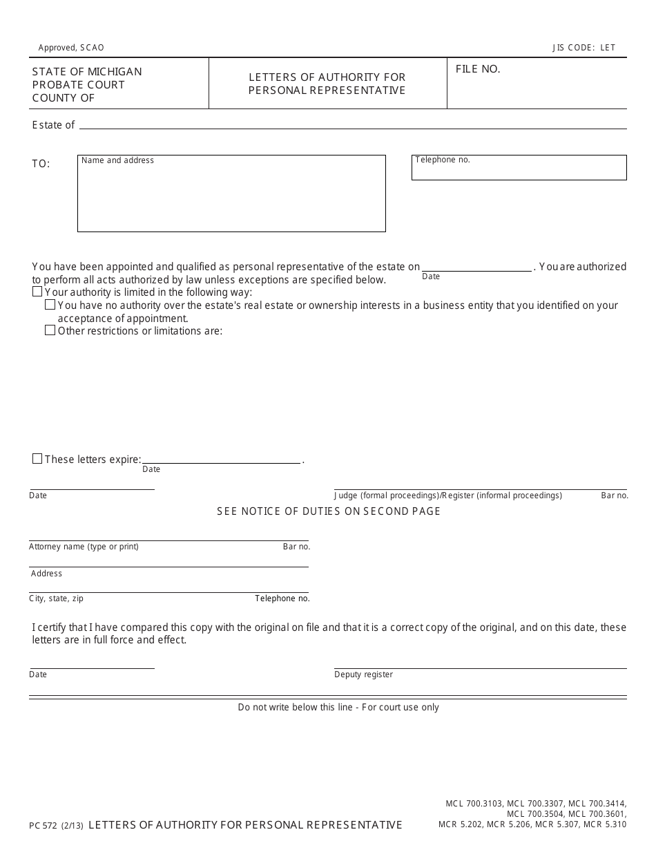 Form PC572 Letters of Authority for Personal Representative - Michigan, Page 1