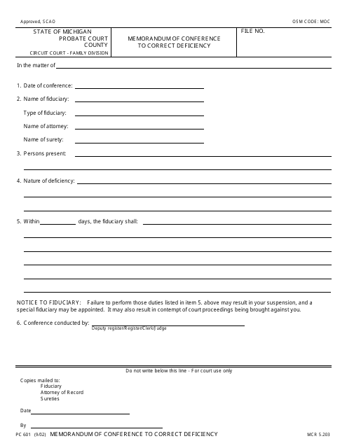 Form PC601 Memorandum of Conference to Correct Deficiency - Michigan