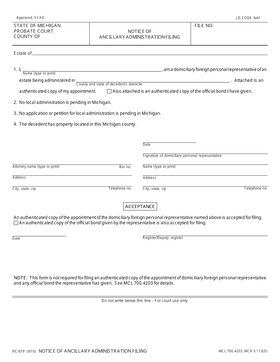 Form PC619 Notice of Ancillary Administration Filing - Michigan, Page 1