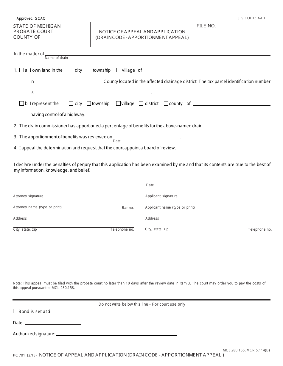 Form PC701 Notice of Appeal and Application (Drain Code - Apportionment Appeal) - Michigan, Page 1