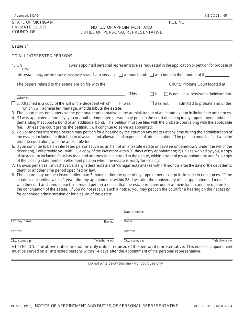 Form PC573 Notice of Appointment and Duties of Personal Representative - Michigan, Page 1
