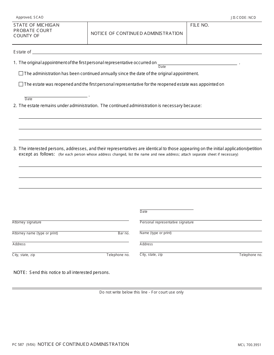 Form PC587 Notice of Continued Administration - Michigan, Page 1