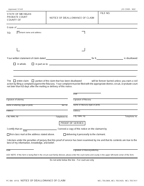 Form PC580 Notice of Disallowance of Claim - Michigan