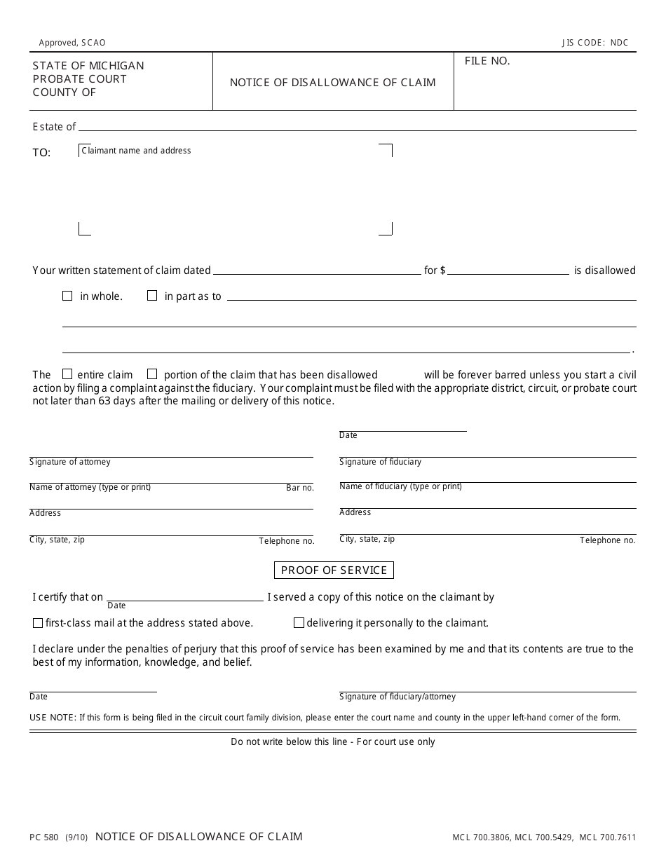 Form PC580 - Fill Out, Sign Online and Download Fillable PDF, Michigan ...