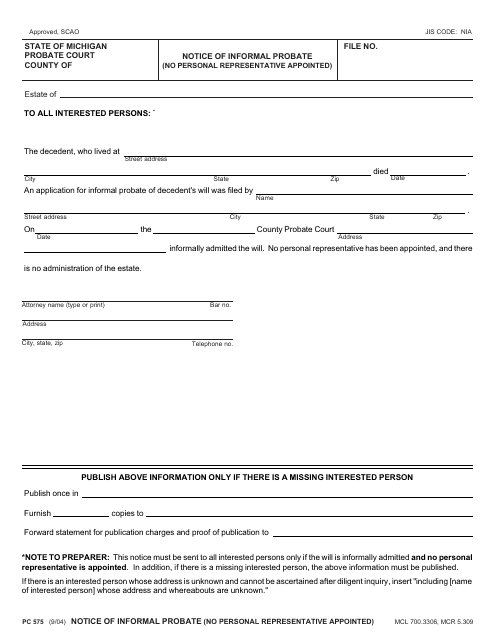 Form PC575 Notice of Informal Probate (No Personal Representative Appointed) - Michigan