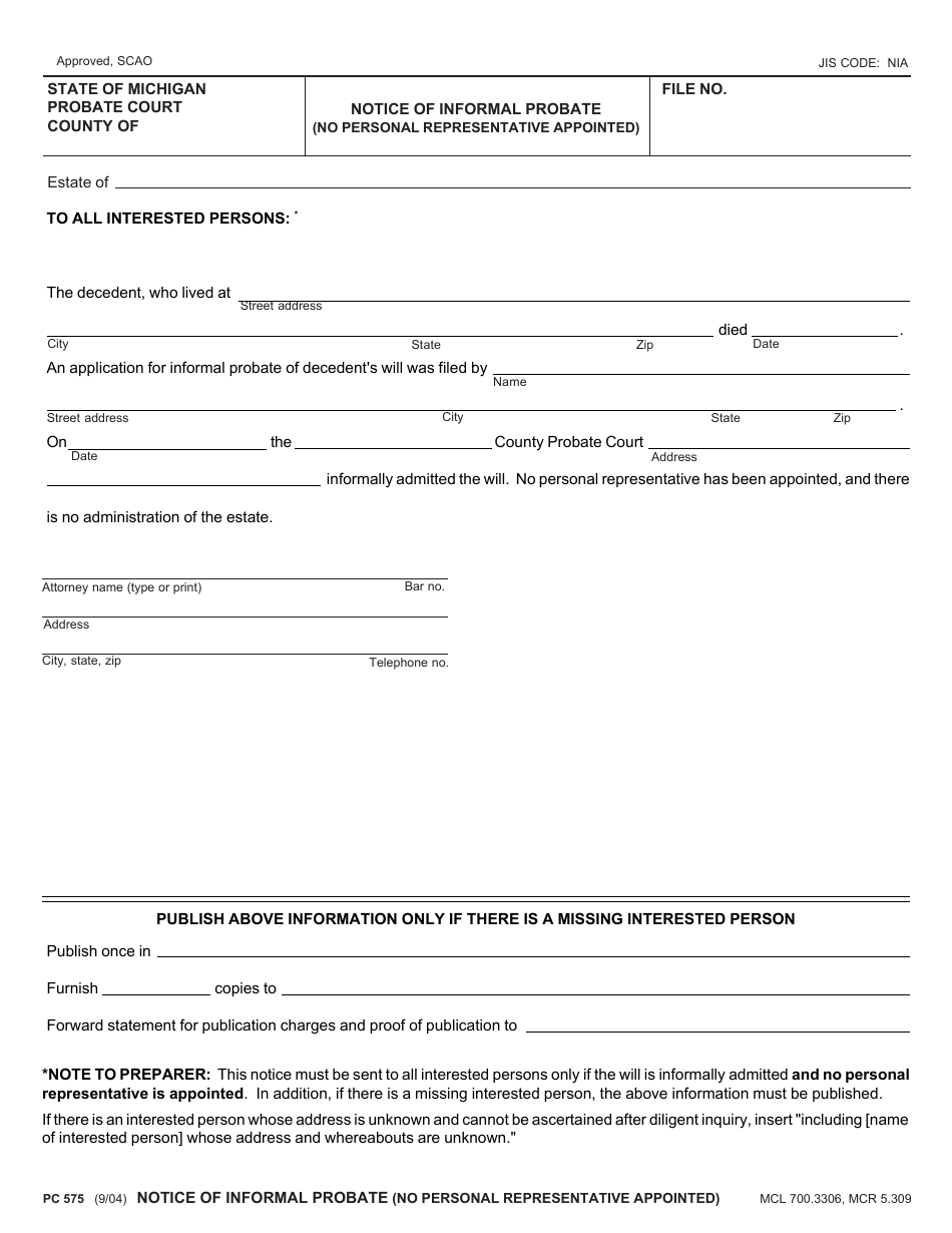 Form PC575 Notice of Informal Probate (No Personal Representative Appointed) - Michigan, Page 1