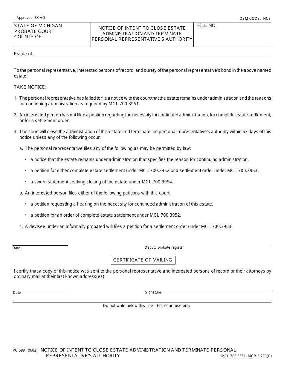 Form PC589 Notice of Intent to Close Estate Administration and Terminate Personal Representatives Authority - Michigan, Page 1