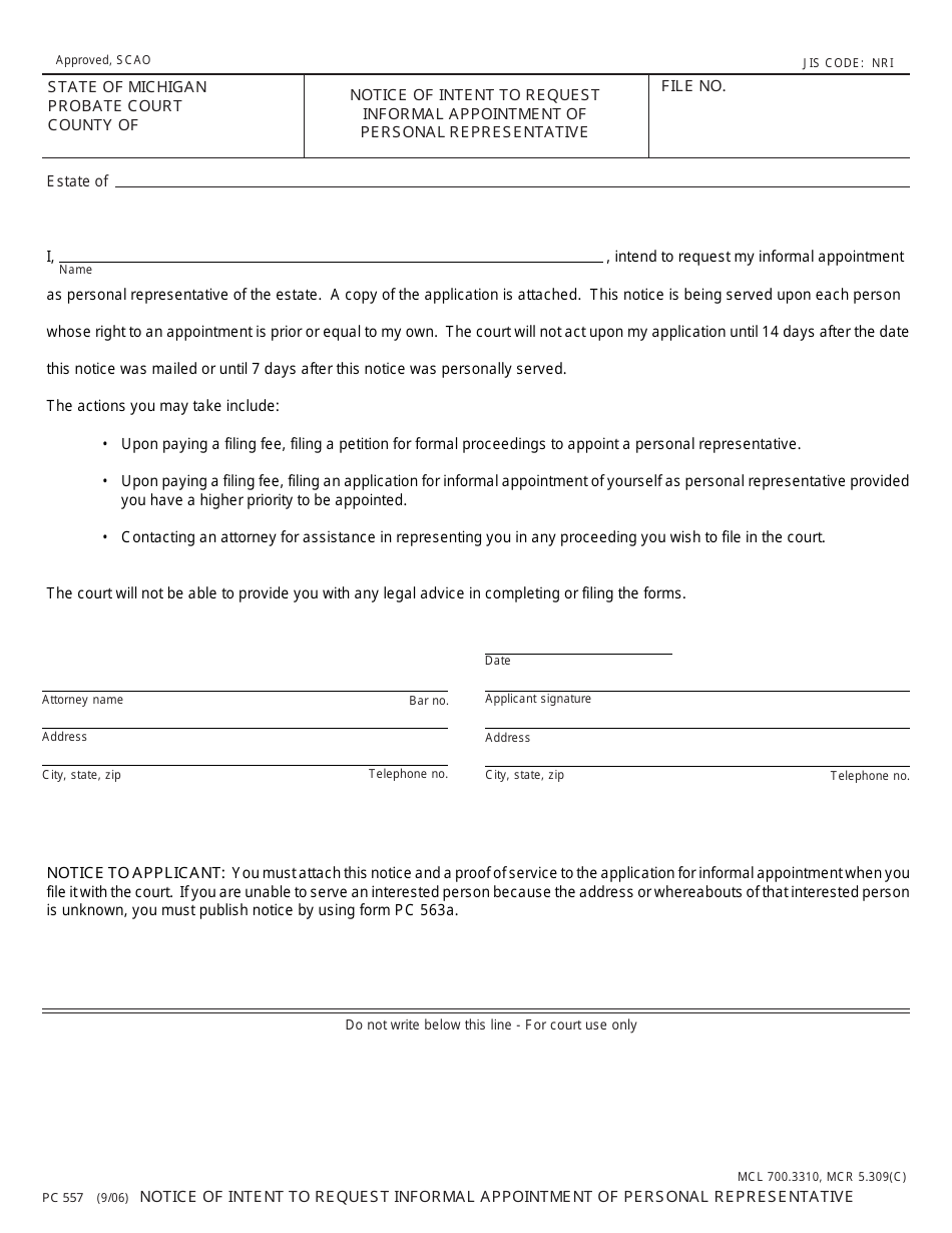 Form PC557 Notice of Intent to Request Informal Appointment of Personal Representative - Michigan, Page 1