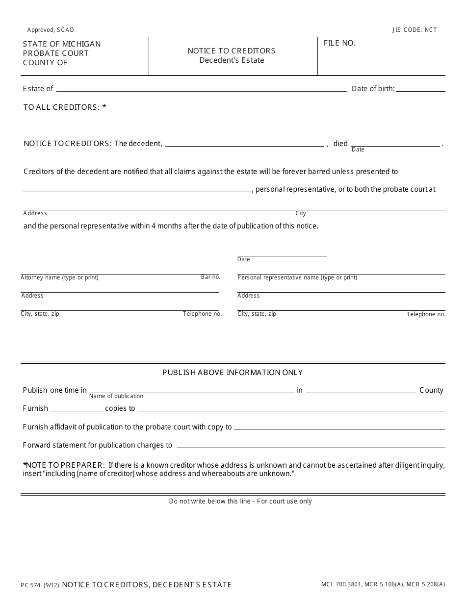 Form PC574 Notice to Creditors - Decedents Estate - Michigan, Page 1