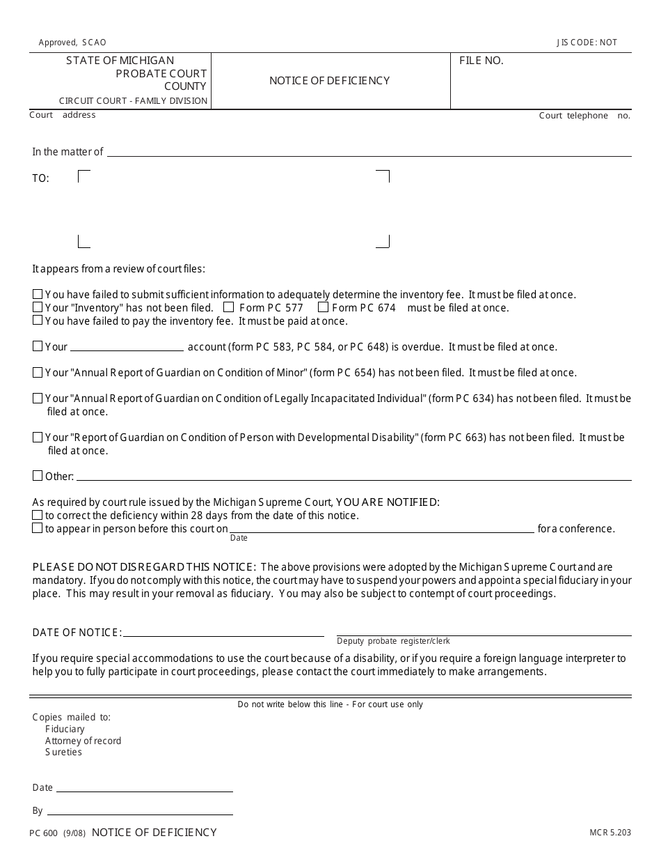 Form PC600 Notice of Deficiency - Michigan, Page 1
