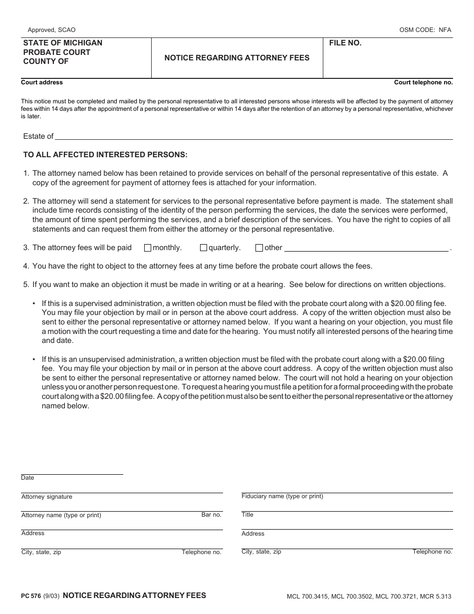 Form PC576 Notice Regarding Attorney Fees - Michigan, Page 1