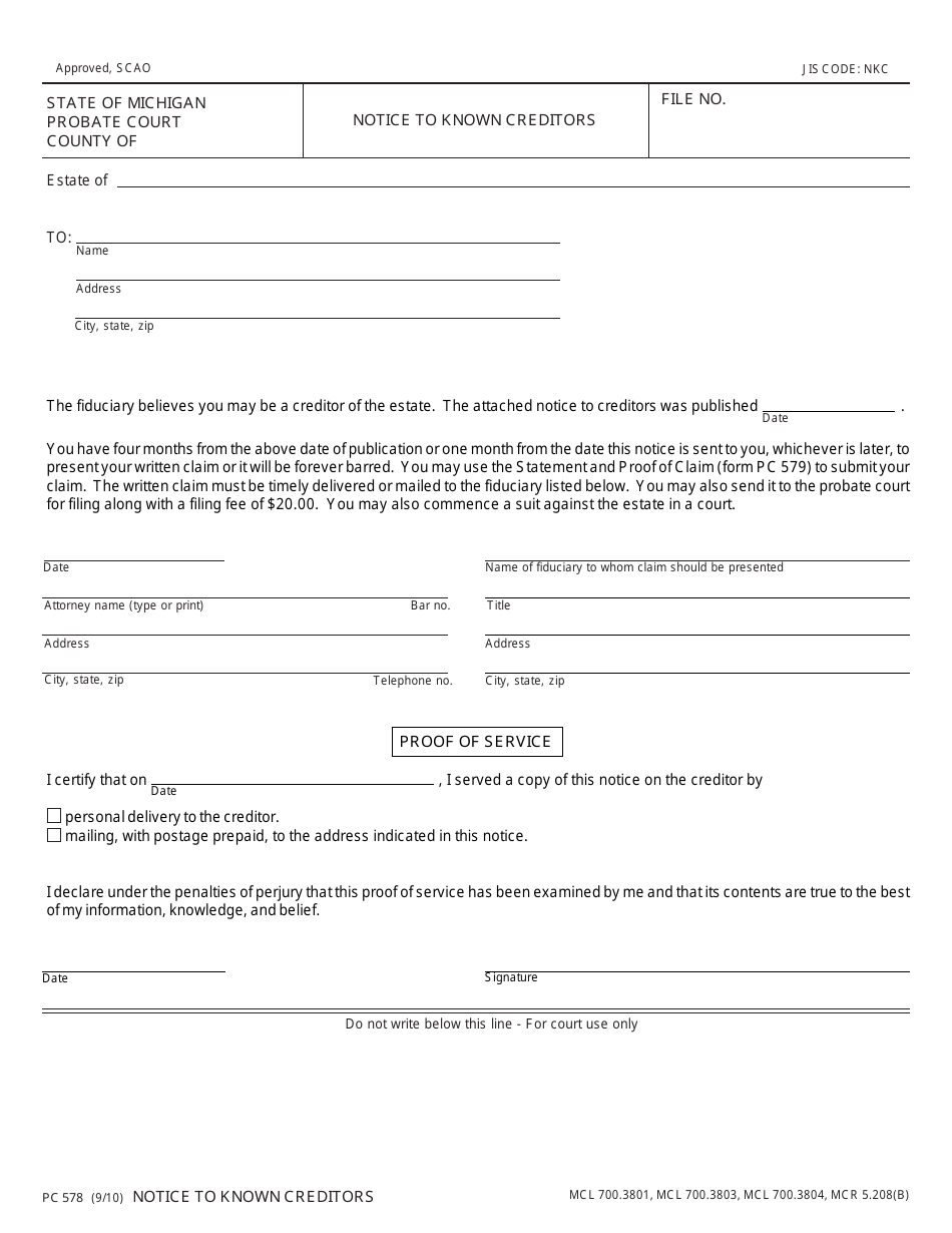 Form PC578 Notice to Known Creditors - Michigan, Page 1